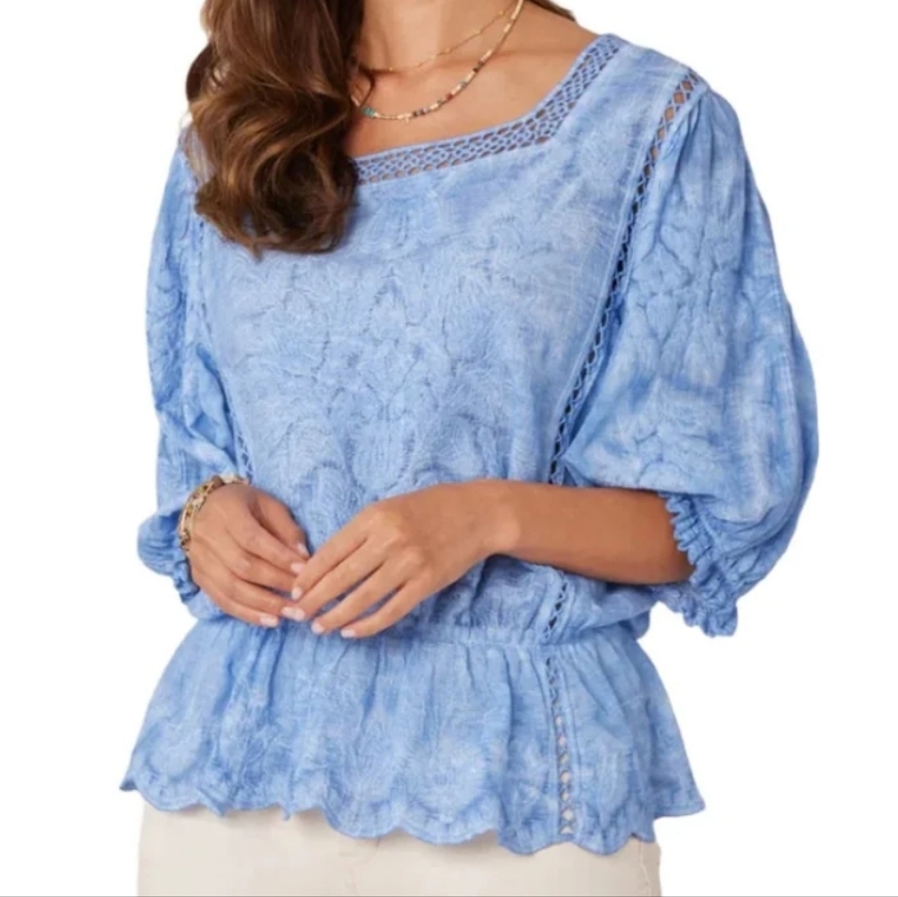 Democracy Embroidered Peplum Top withCrochet Trim Size Large In Provence Blue